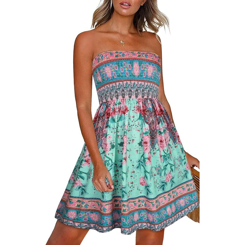 Women Green Pink Boho Strapless Off Shoulder Cover Ups Casual Beach Sundress